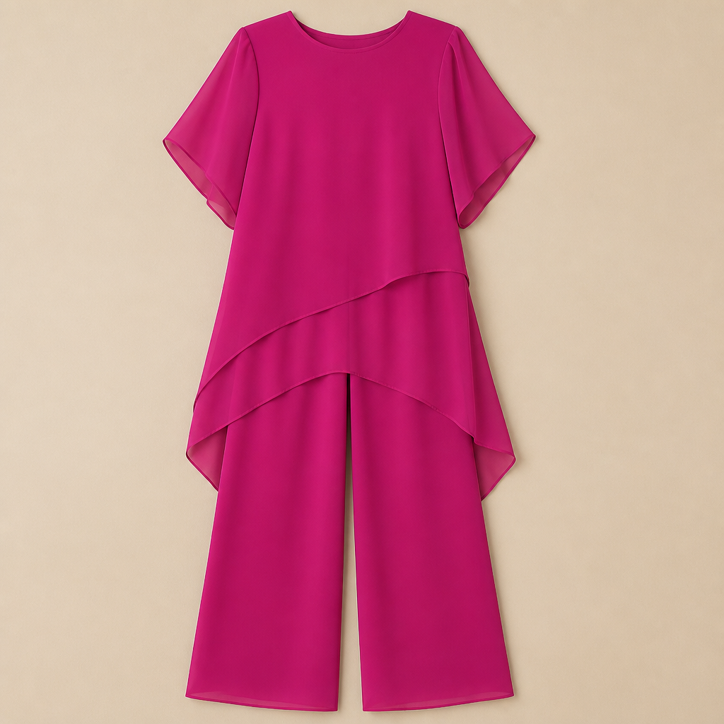 SerenLuxe – Elegant Chiffon Two-Piece Set with Asymmetric Layered Top - Souliia