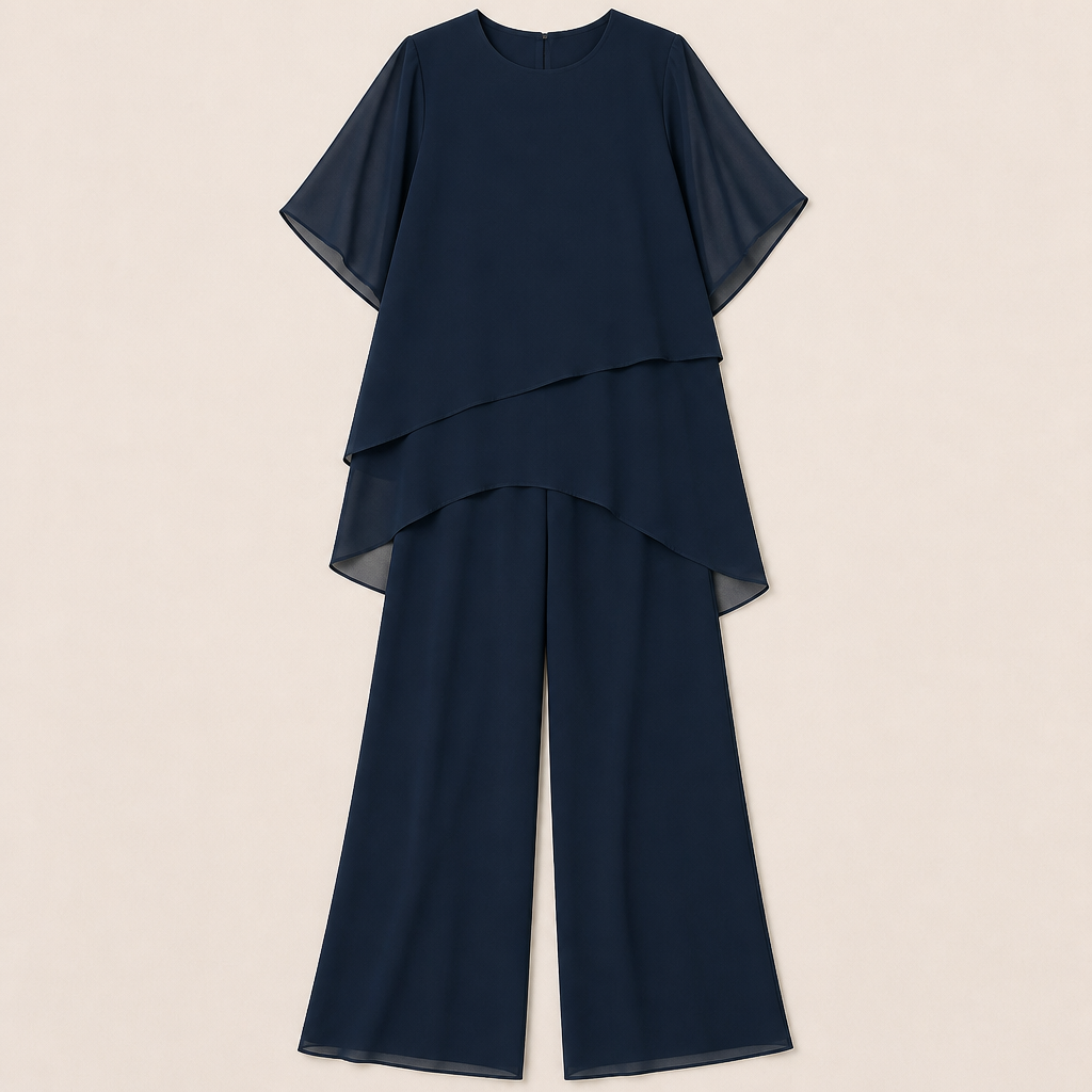 SerenLuxe – Elegant Chiffon Two-Piece Set with Asymmetric Layered Top - Souliia