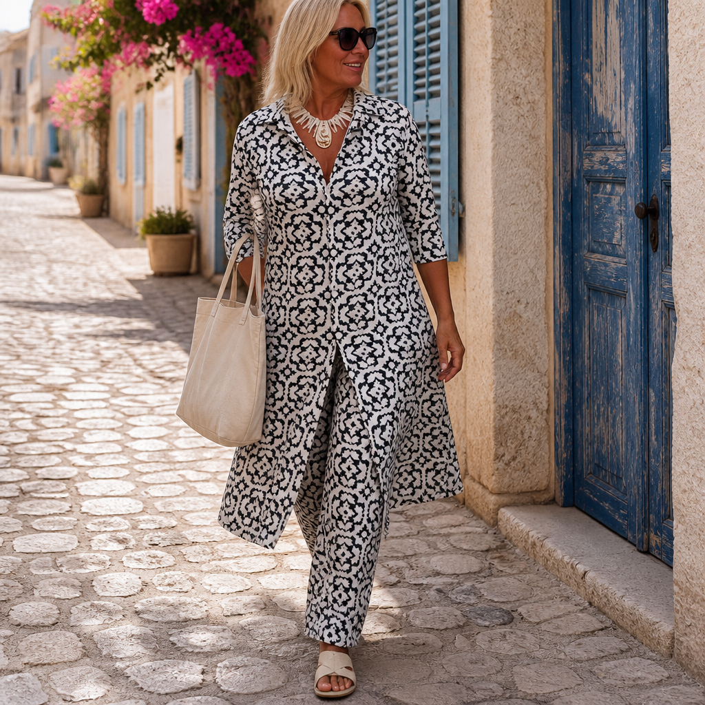 VireoLuxe – Bold Geometric Tunic and Straight-Leg Trouser Set - Souliia
