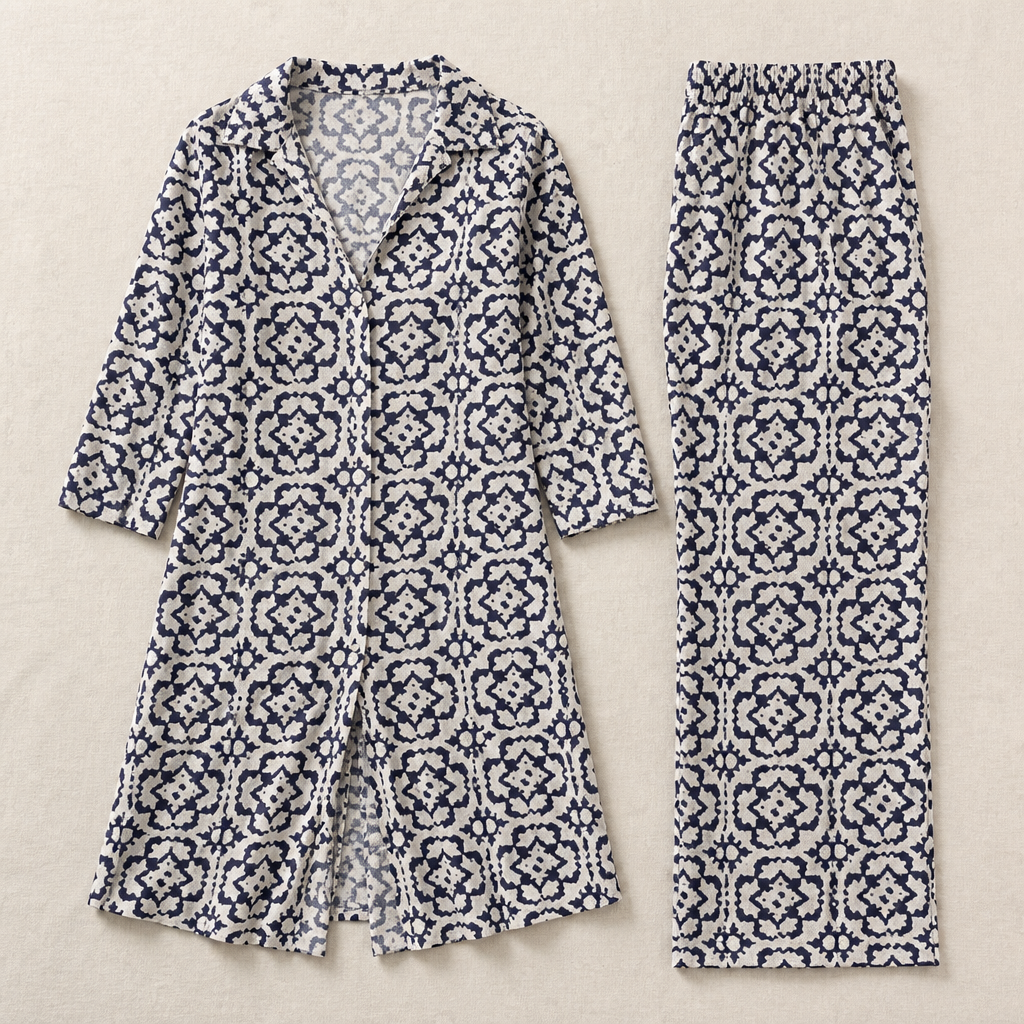 VireoLuxe – Bold Geometric Tunic and Straight-Leg Trouser Set - Souliia