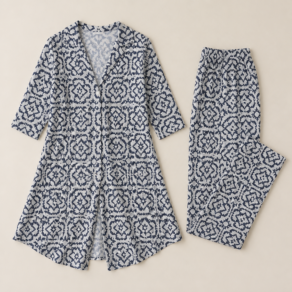 VireoLuxe – Bold Geometric Tunic and Straight-Leg Trouser Set - Souliia