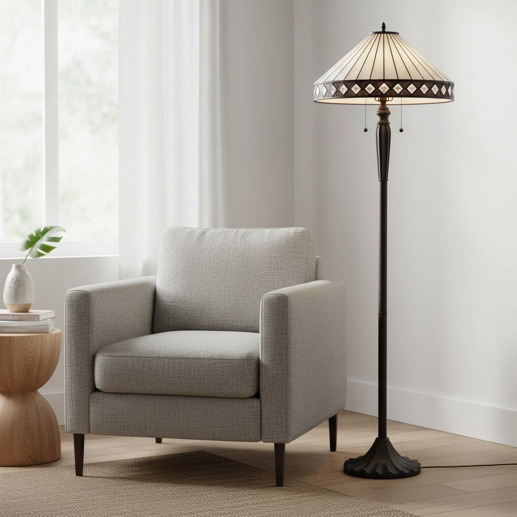 TF Geometric Stained Glass Table Lamp with Amber and Cream Panels – Tiffany Style Accent Lamp for Bedroom and Study | Souliia