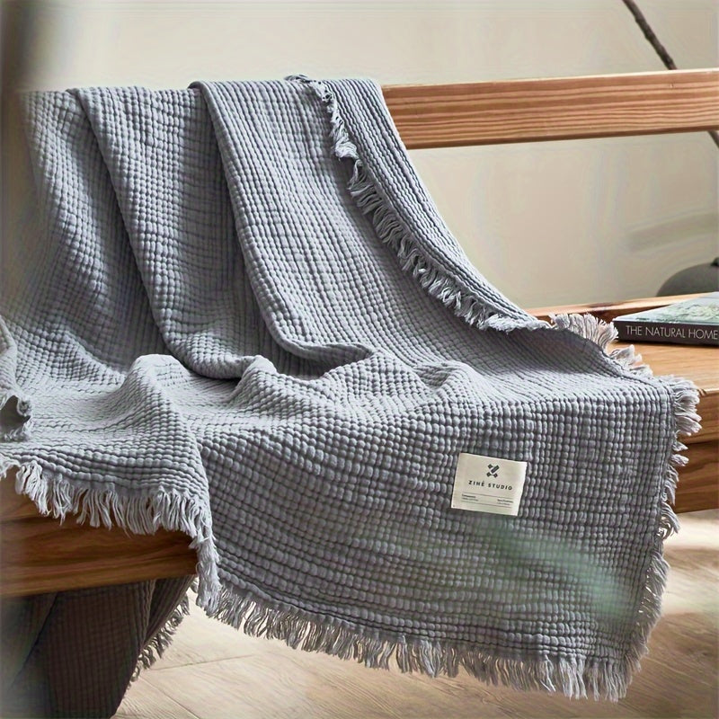 Olivebreeze Four-Layer Cotton Gauze Blanket — Elegant Fringe Trim, Lightweight Weave