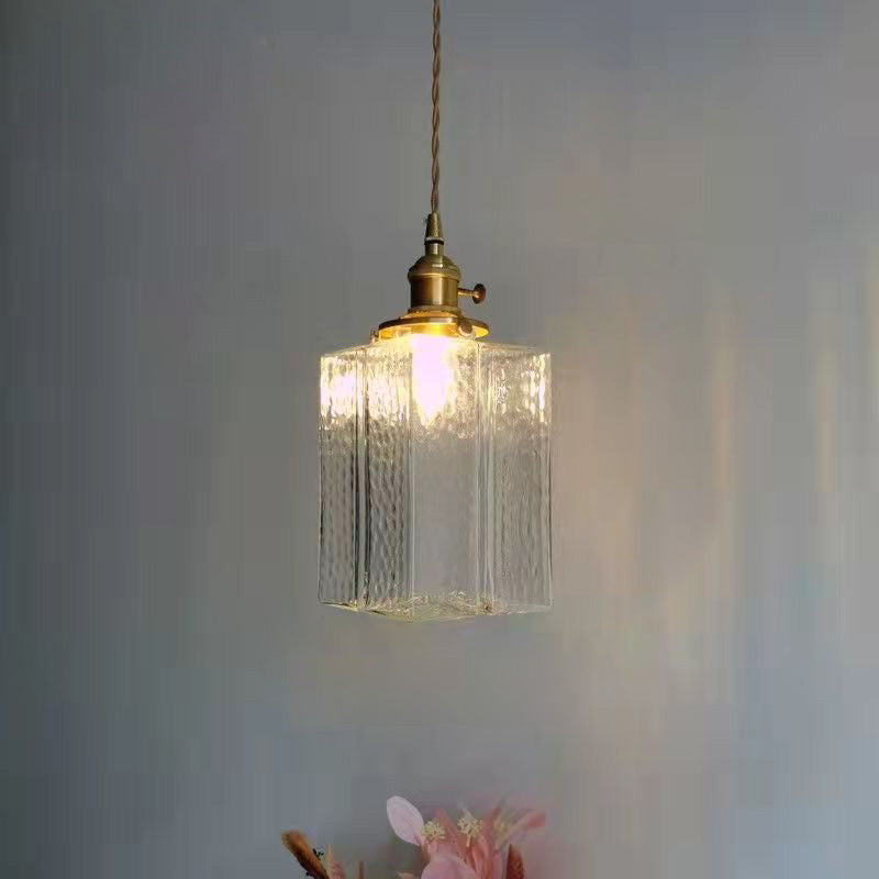 Traditionelle Vintage Quadrat Rechteck Wellen-Glas Eisen 1-Flammige Pendelleuchte für Wohnzimmer | Souliia