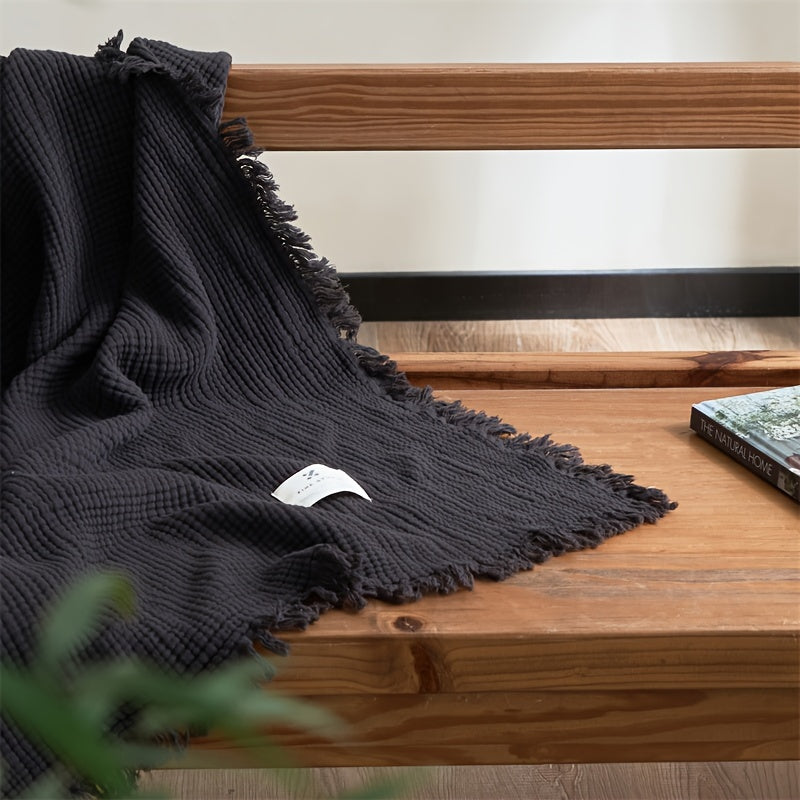 Olivebreeze Four-Layer Cotton Gauze Blanket — Elegant Fringe Trim, Lightweight Weave