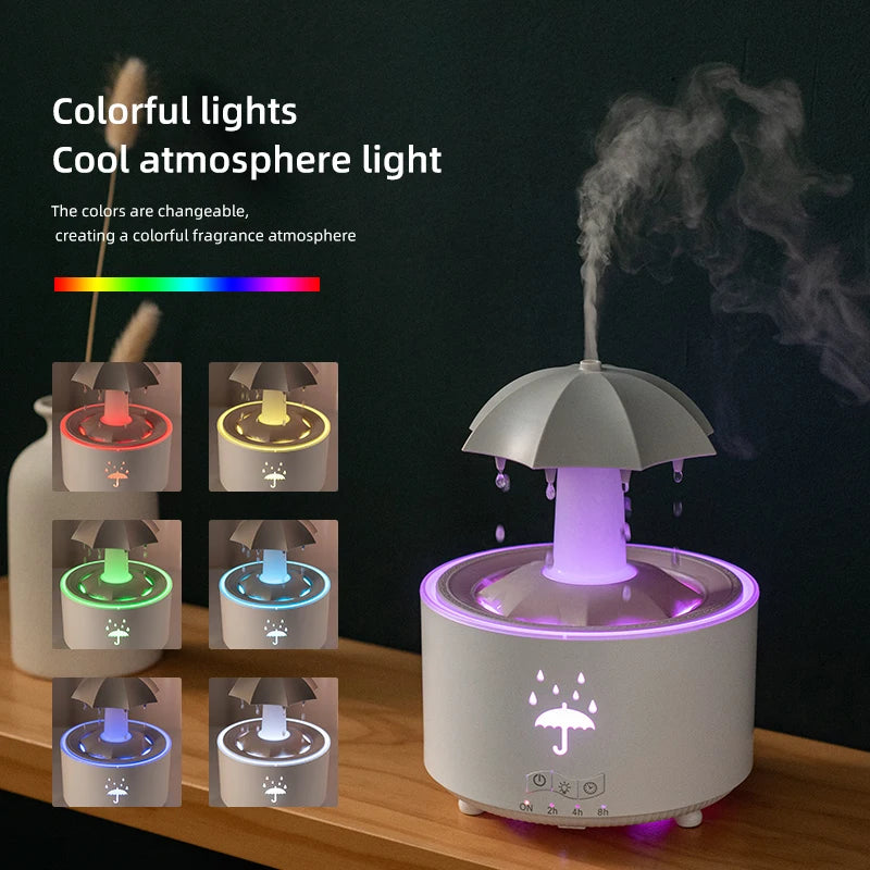 Humidificador de gotas de agua con forma de paraguas y difusor LED de aromaterapia
