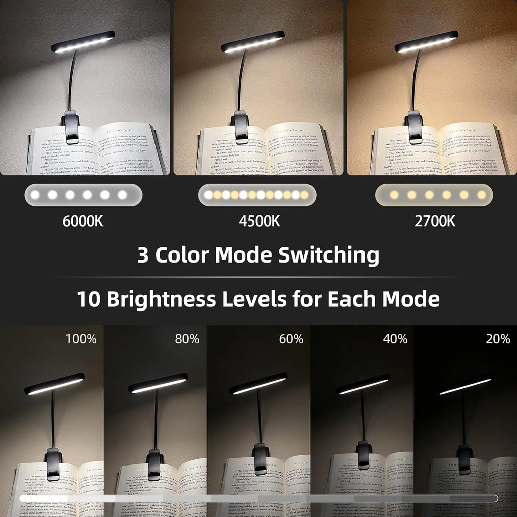 Lampă de carte LED flexibilă - 3 moduri de iluminare, luminozitate reglabilă