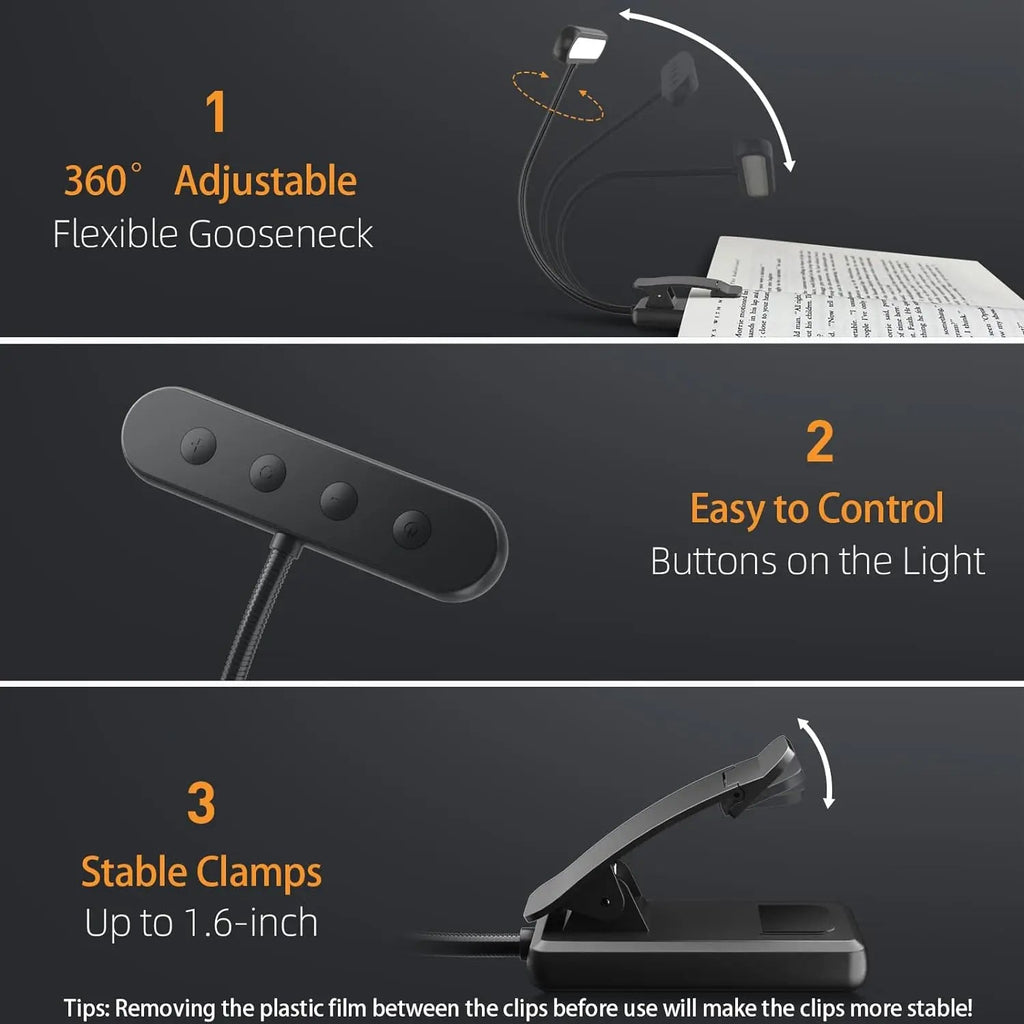 Lampă de carte LED flexibilă - 3 moduri de iluminare, luminozitate reglabilă