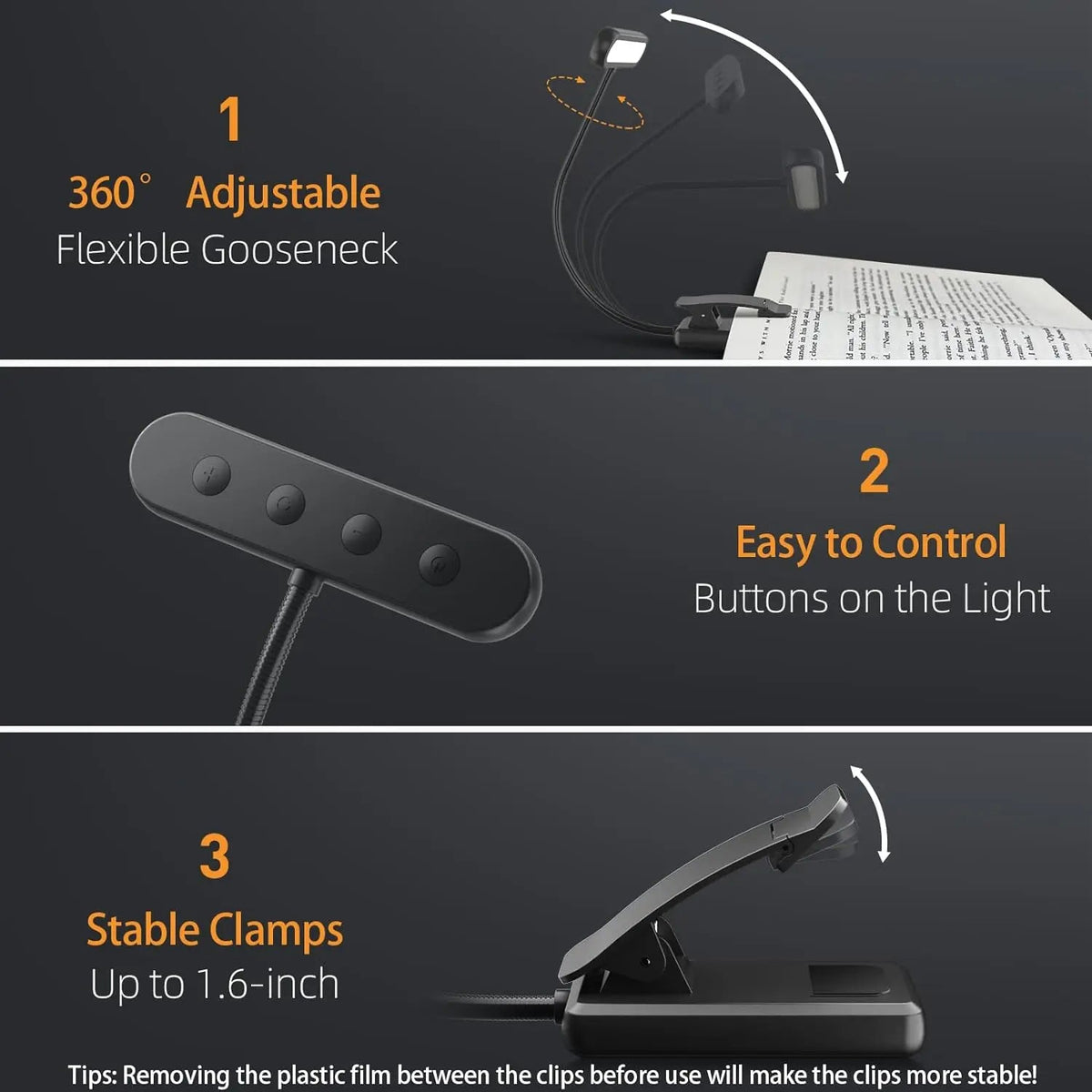 Lampă de carte LED flexibilă - 3 moduri de iluminare, luminozitate reglabilă