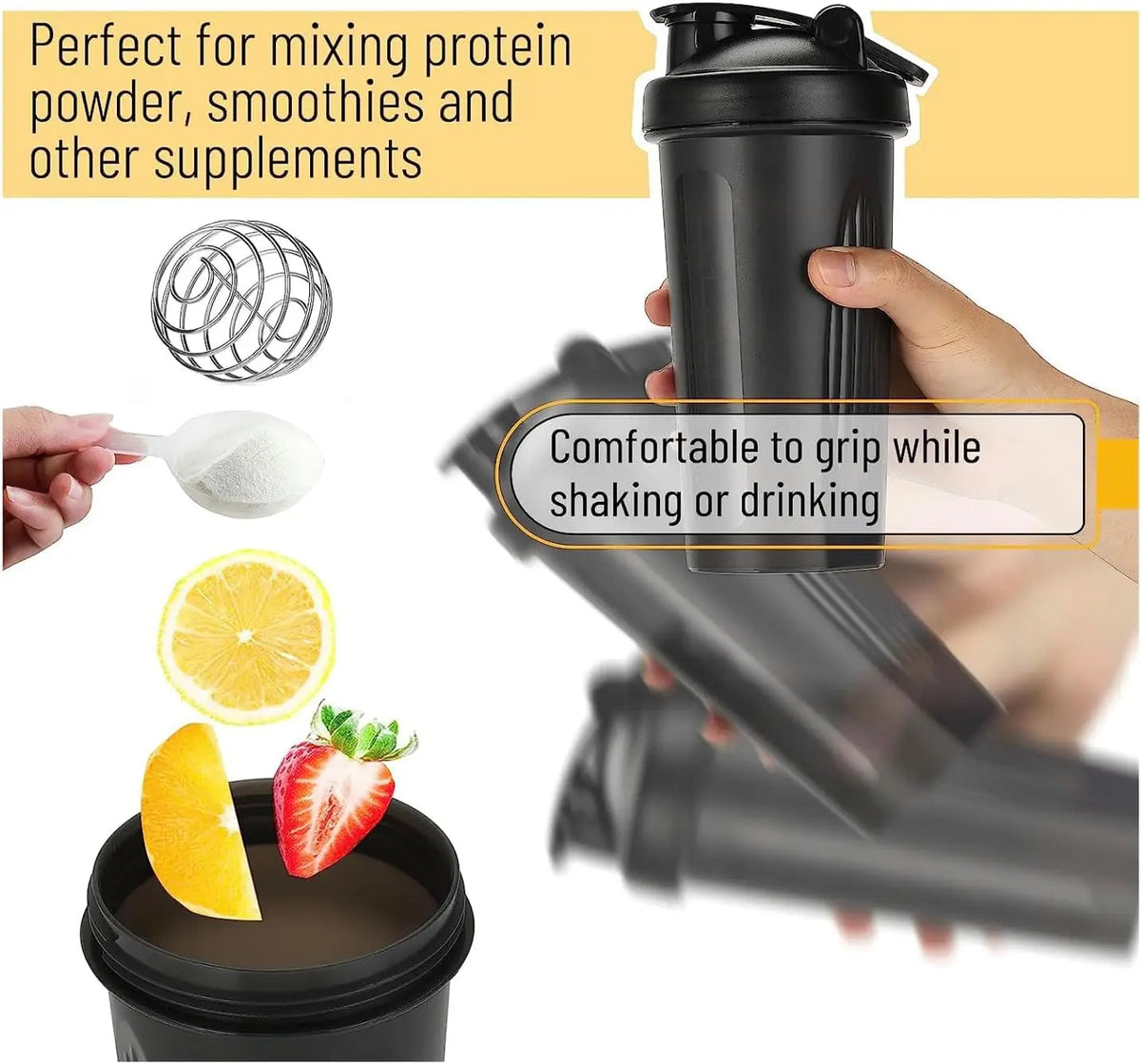 Garrafa shaker de proteína de 600ml — Design à prova de fugas, bola misturadora
