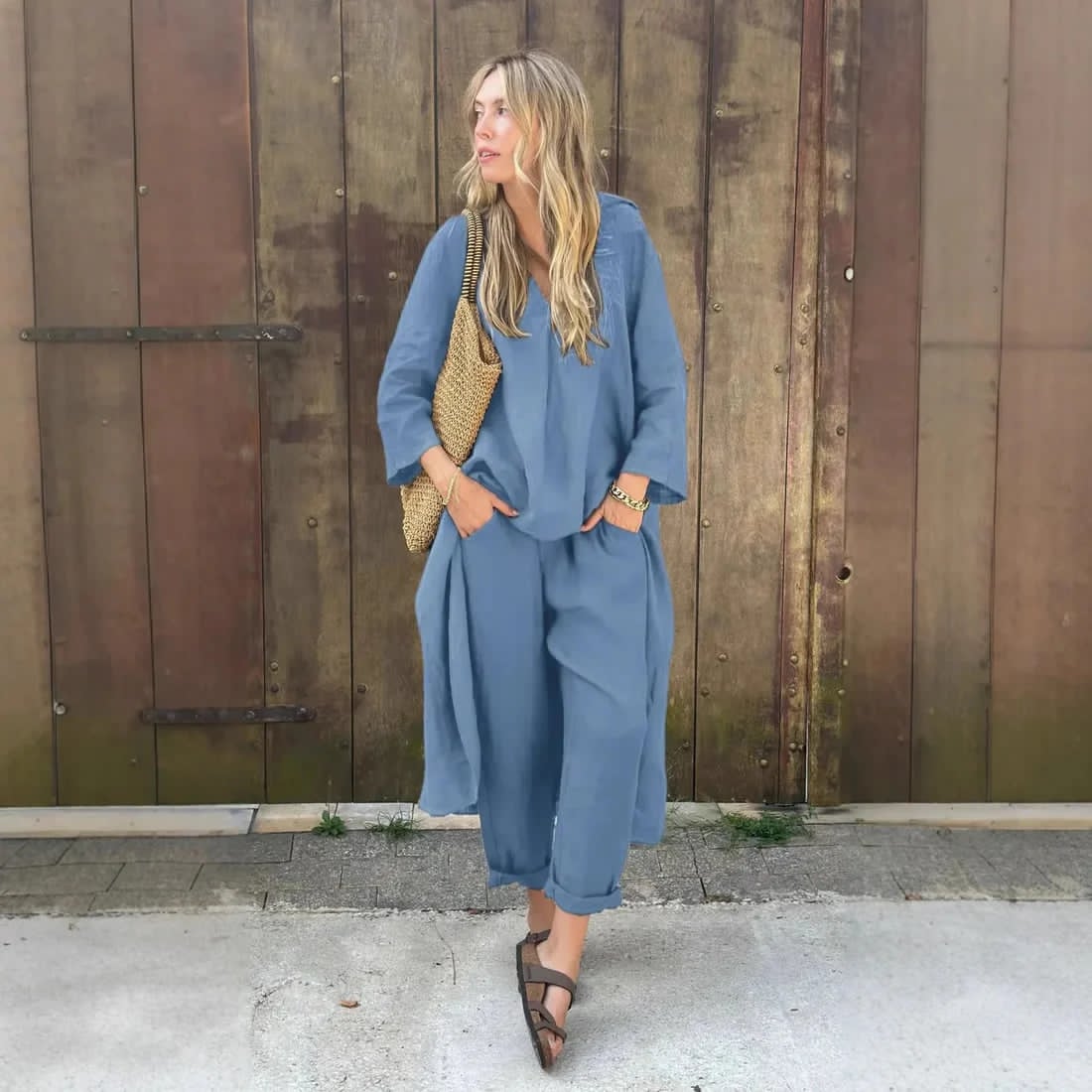 Ensemble deux pièces ample à col en V uni avec poches