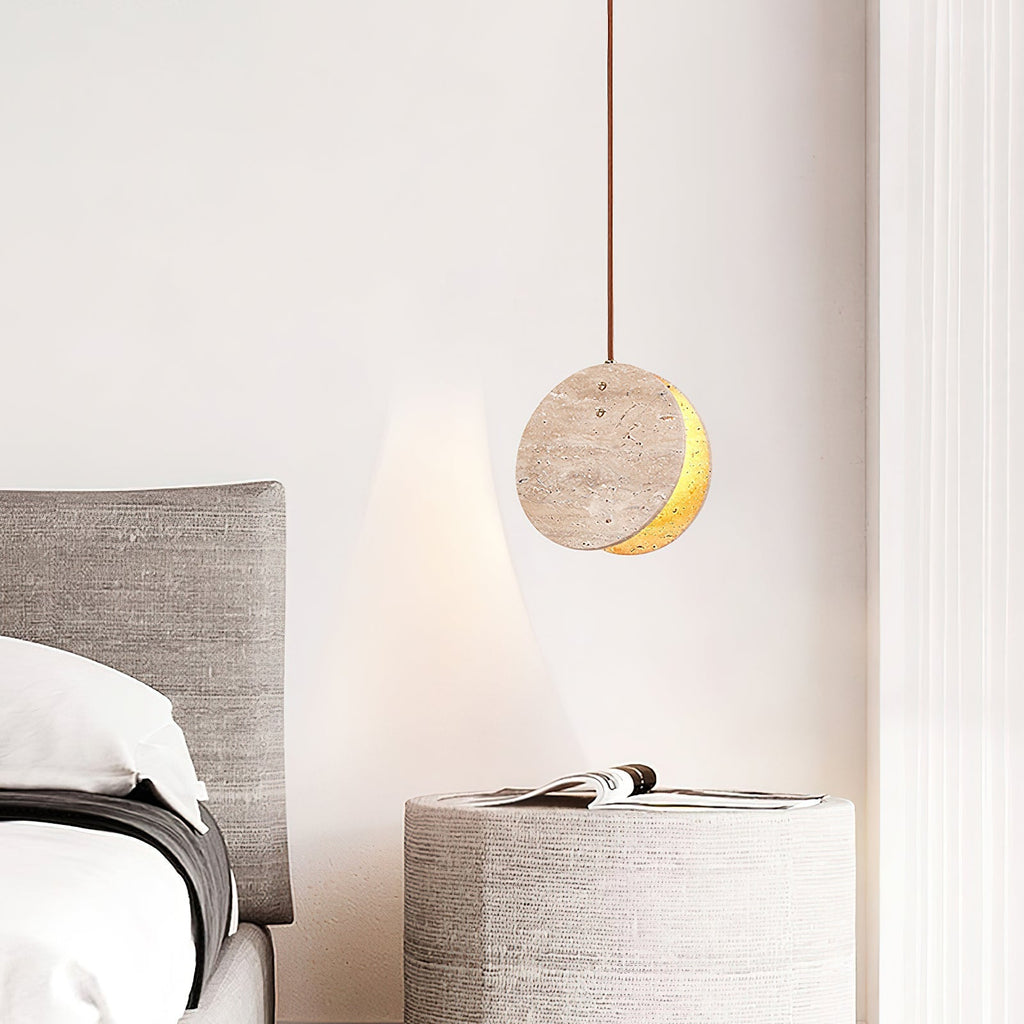 Stone Textured Disc Travertine Pendant Light M04 | Souliia