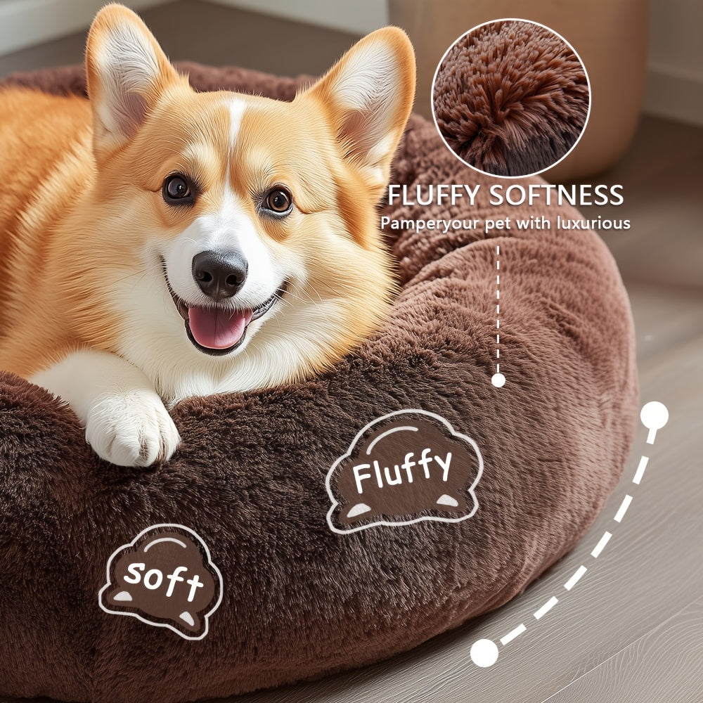 Hugafur Donut Pet Bed — Soft Faux Fur Cushion, Raised Rim Support