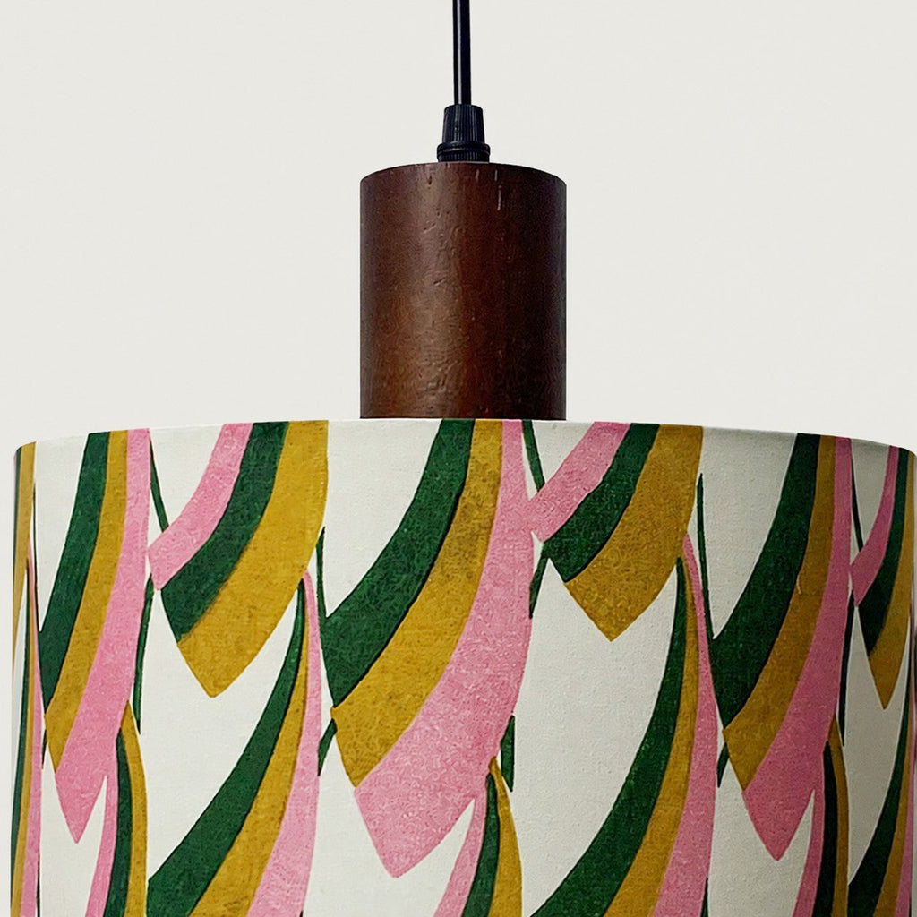 Printed Fabric Drum Pendant Light with Walnut Wood Holder | Souliia