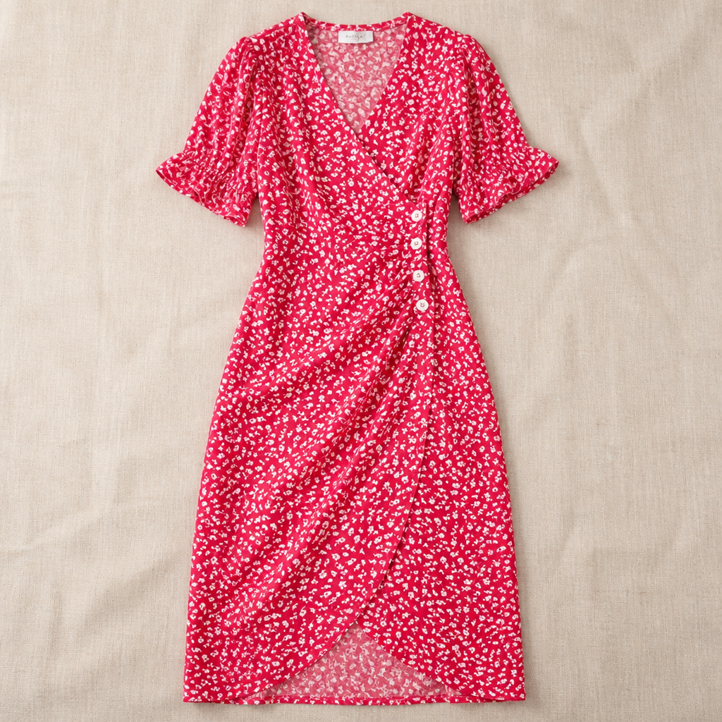 SeraphineAura – Ditsy Floral Wrap Midi Dress with Ruched Tulip Hem - Souliia