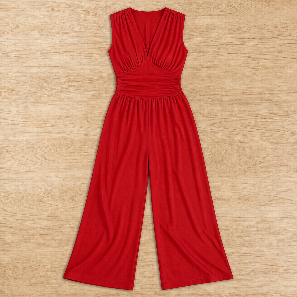Verisse – Flowy Wide-Leg Jumpsuit with Ruched Waist and Deep V-Neck - Souliia