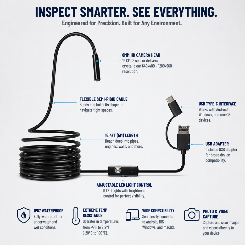 VisionPro Ultra HD Waterproof Endoscope — Spot Every Hidden Flaw with Rock-Solid Clarity and Durability - Souliia