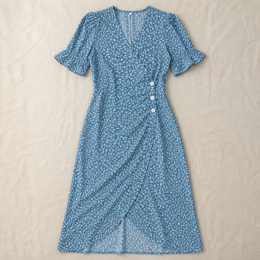 SeraphineAura – Ditsy Floral Wrap Midi Dress with Ruched Tulip Hem - Souliia