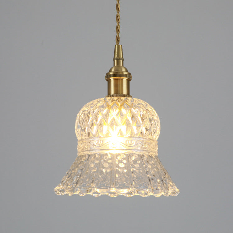 Traditionelle japanische Messing Walnuss Glas Keramik Zylinder Konische Blumen-Schale 1-Flammige Pendelleuchte für Esszimmer | Souliia