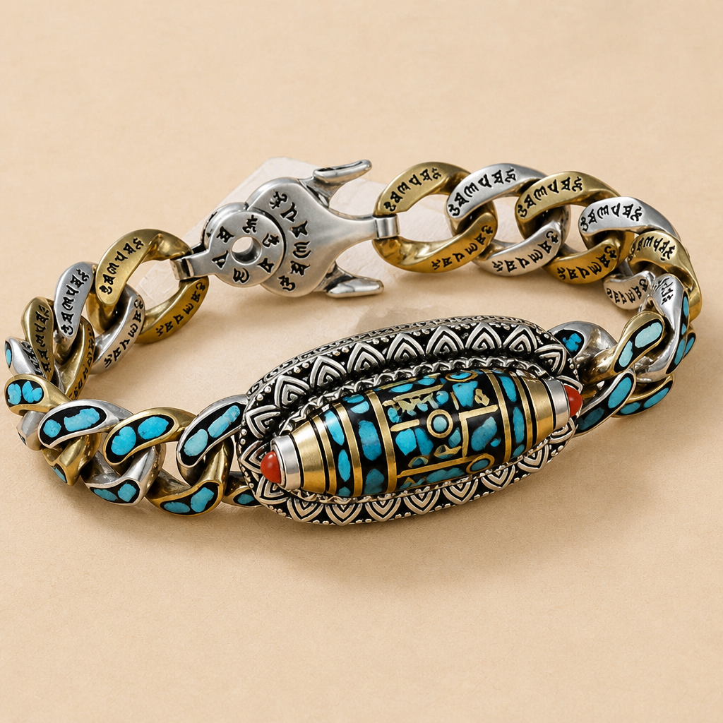 SereniStone – Tibetan Nine-Eyed Dzi Bead Bracelet with Turquoise Inlay - Souliia