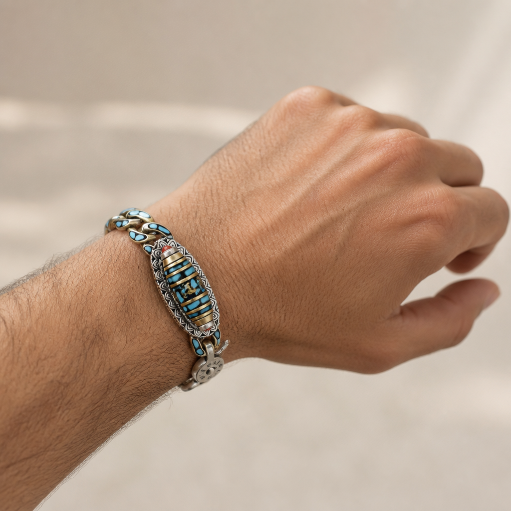 SereniStone – Tibetan Nine-Eyed Dzi Bead Bracelet with Turquoise Inlay - Souliia