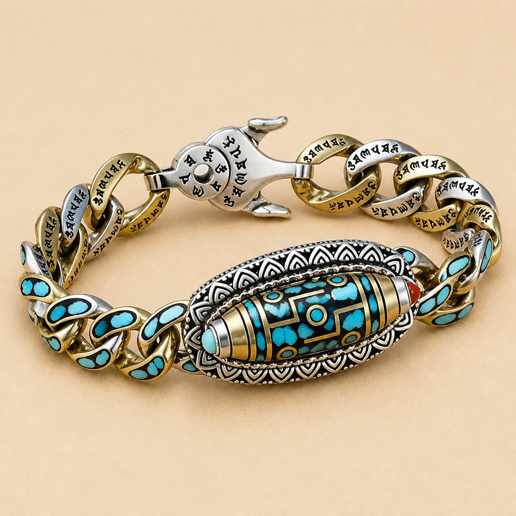 SereniStone – Tibetan Nine-Eyed Dzi Bead Bracelet with Turquoise Inlay - Souliia