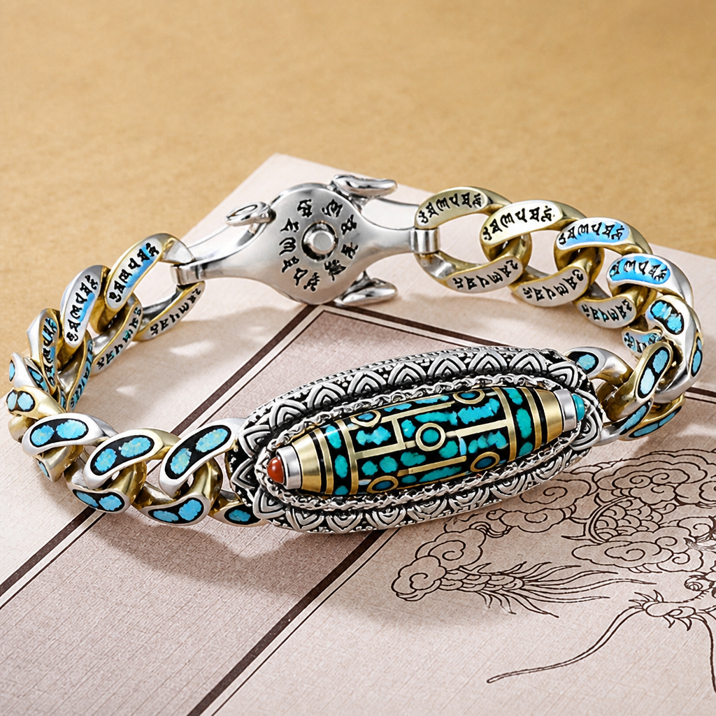 SereniStone – Tibetan Nine-Eyed Dzi Bead Bracelet with Turquoise Inlay - Souliia
