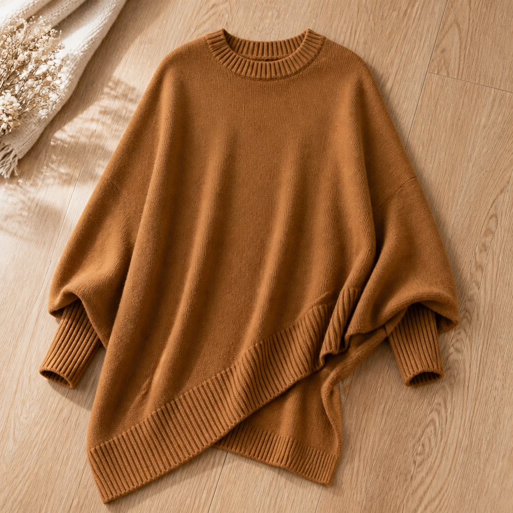SerenoWave – Effortless Asymmetric Poncho Sweater with Batwing Sleeves - Souliia