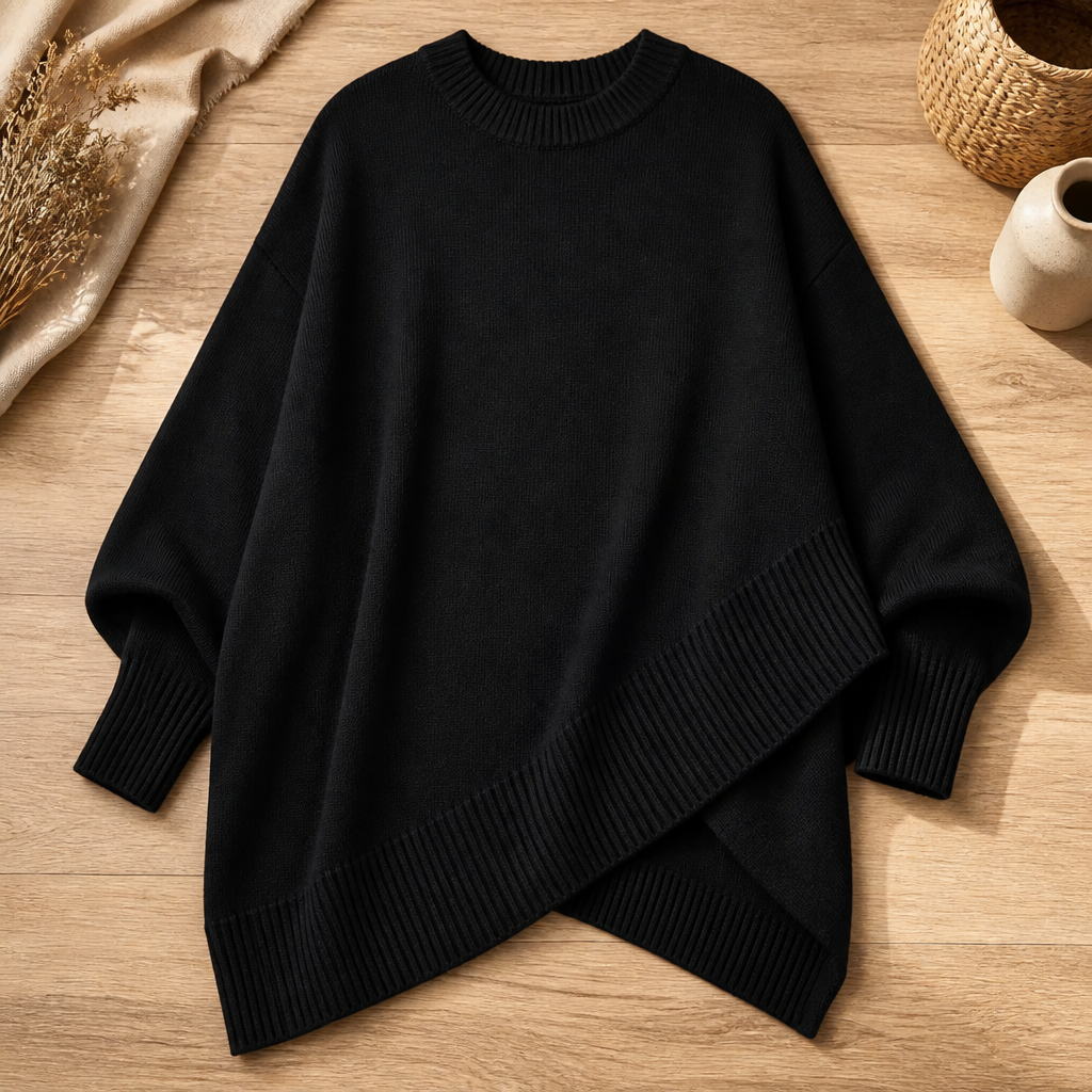 SerenoWave – Effortless Asymmetric Poncho Sweater with Batwing Sleeves - Souliia