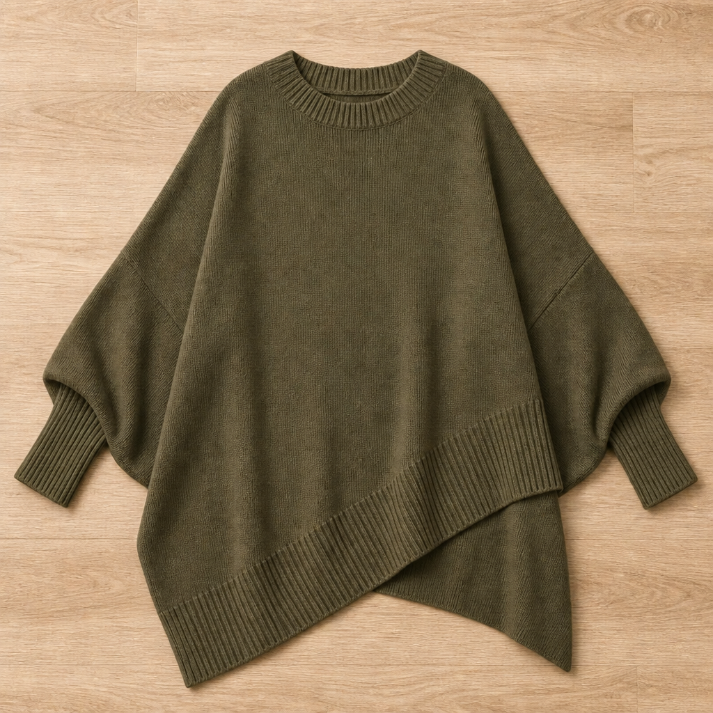 SerenoWave – Effortless Asymmetric Poncho Sweater with Batwing Sleeves - Souliia