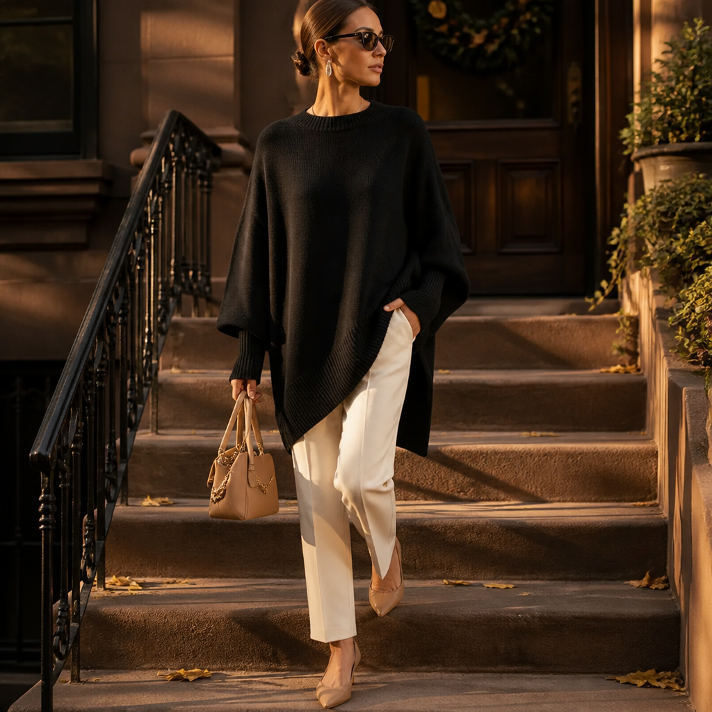 SerenoWave – Effortless Asymmetric Poncho Sweater with Batwing Sleeves - Souliia