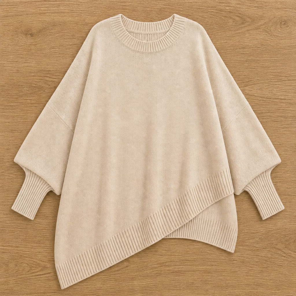 SerenoWave – Effortless Asymmetric Poncho Sweater with Batwing Sleeves - Souliia