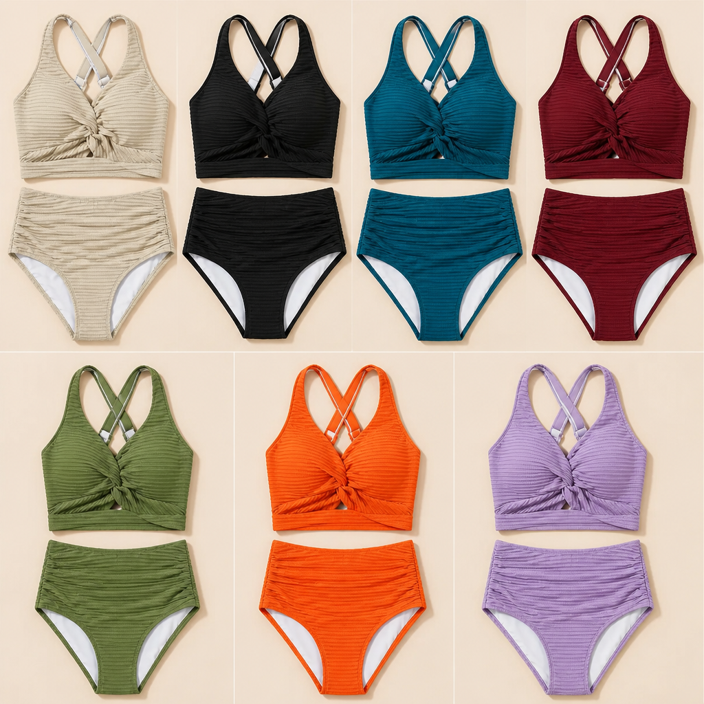 SerenaWave – High-Waist Twist-Front Smoothing Bikini Set - Souliia