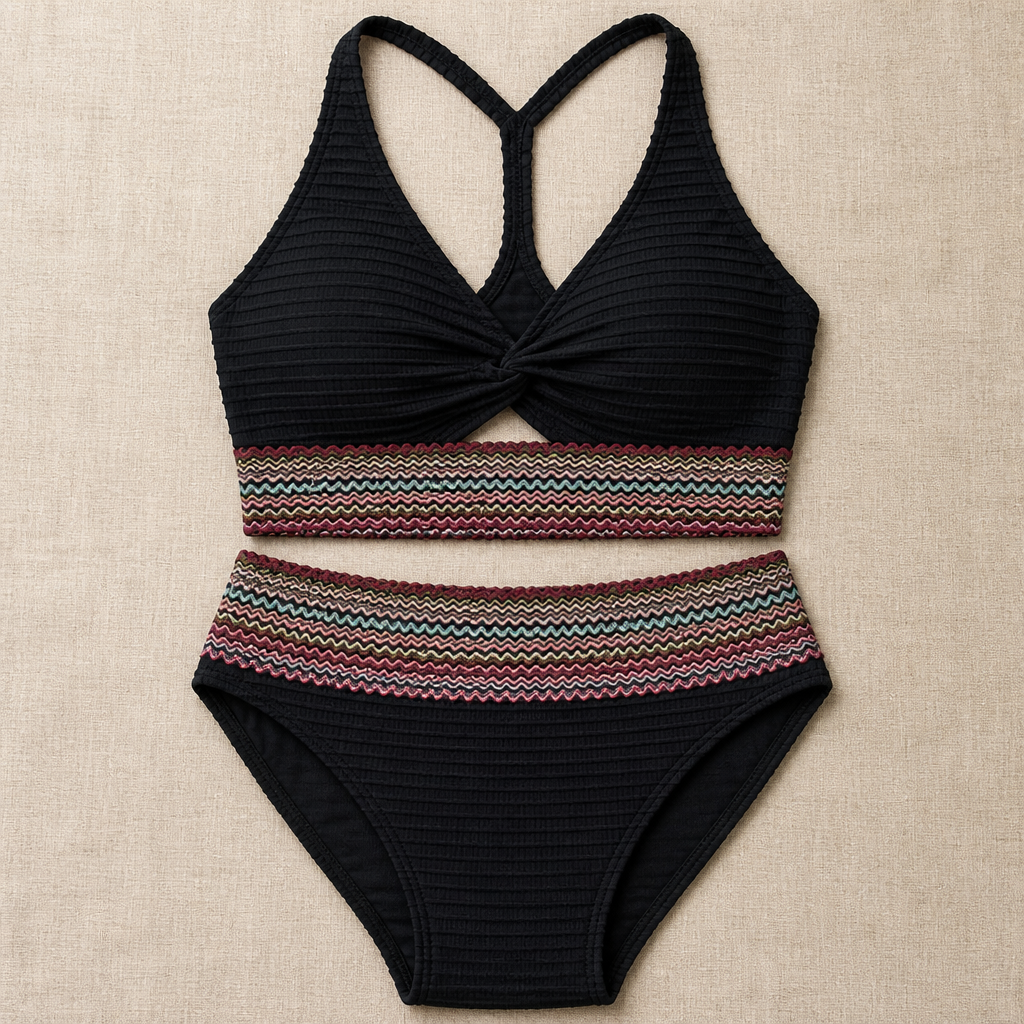 SereneShape – High-Waist Smocked Two-Piece Swimsuit with Tummy-Shaping Band - Souliia