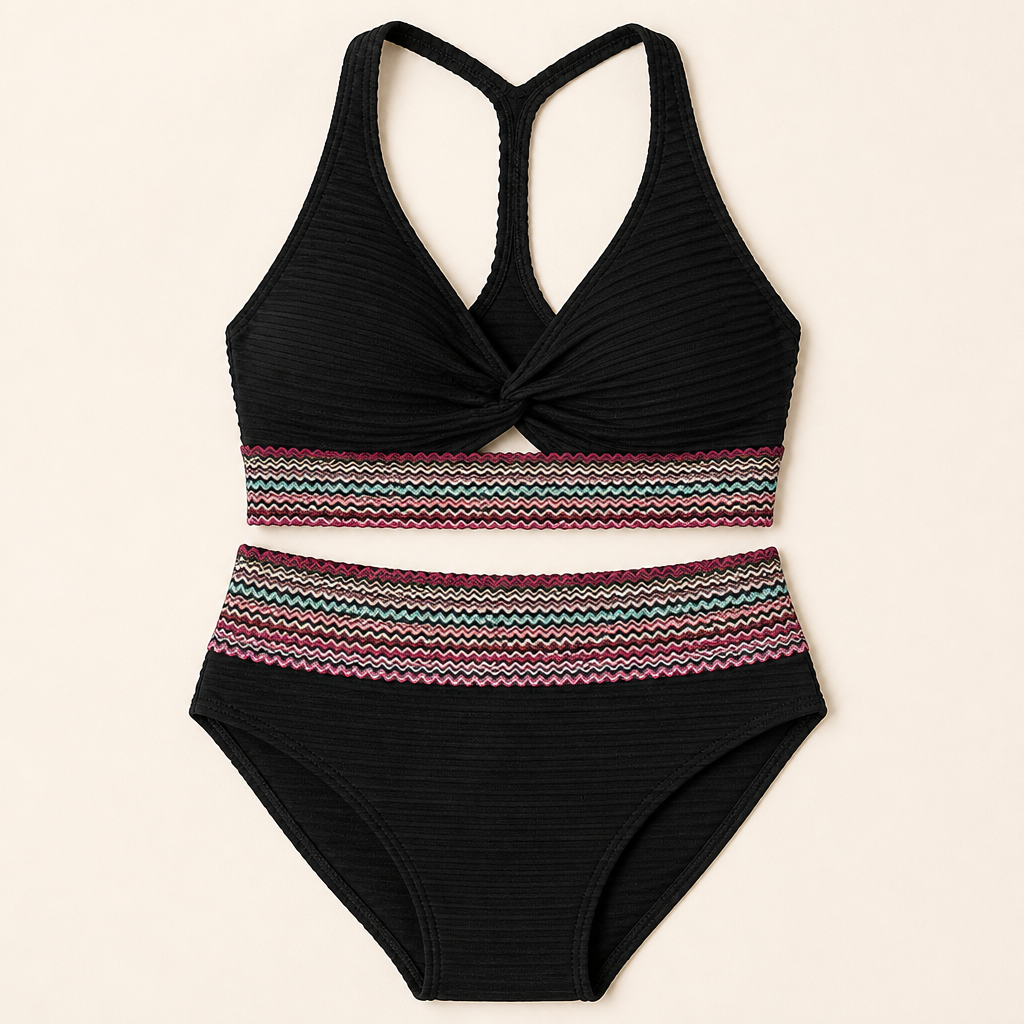 SereneShape – High-Waist Smocked Two-Piece Swimsuit with Tummy-Shaping Band - Souliia