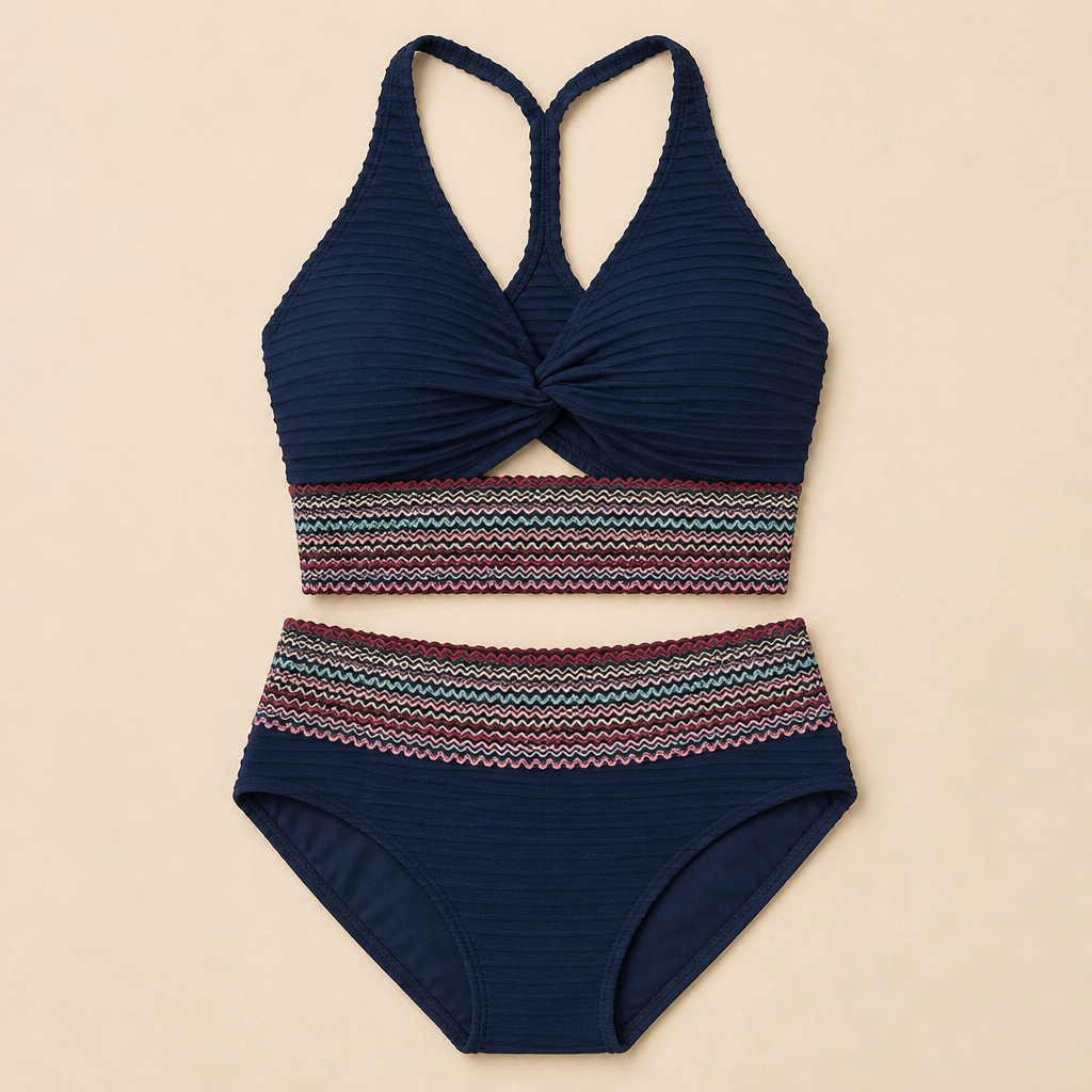 SereneShape – High-Waist Smocked Two-Piece Swimsuit with Tummy-Shaping Band - Souliia