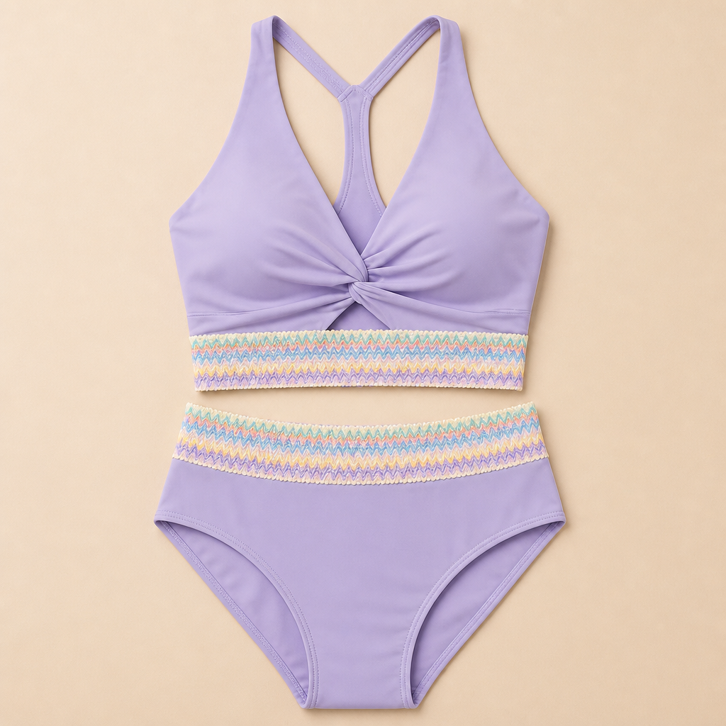 SereneShape – High-Waist Smocked Two-Piece Swimsuit with Tummy-Shaping Band - Souliia