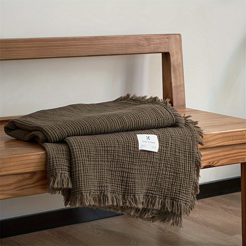 Olivebreeze Four-Layer Cotton Gauze Blanket — Elegant Fringe Trim, Lightweight Weave