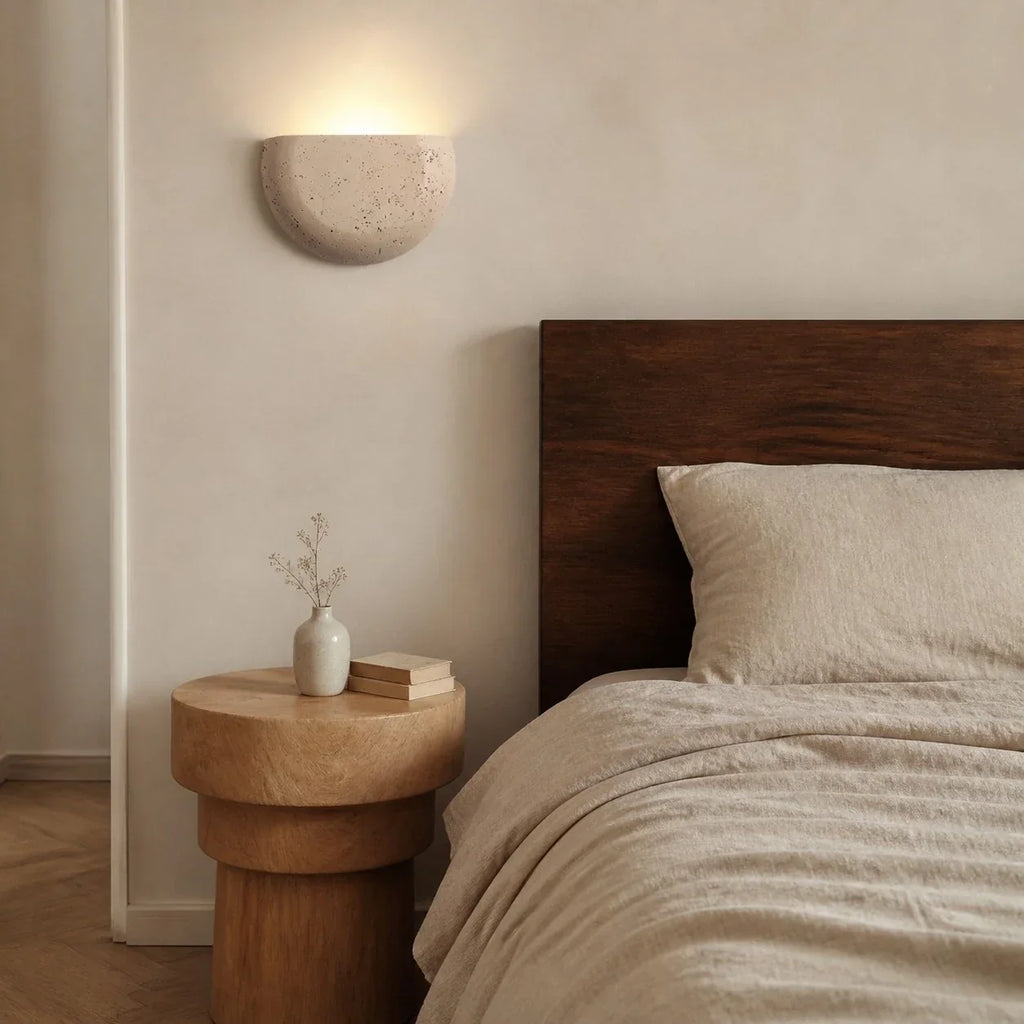 Travertine Style Wall Sconce, Off White Half Bowl Bedside Wall Light for Bedroom, Hallway and Dining Nook | Souliia