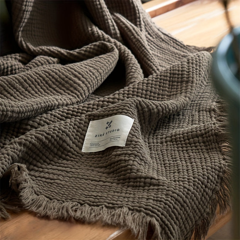 Olivebreeze Four-Layer Cotton Gauze Blanket — Elegant Fringe Trim, Lightweight Weave