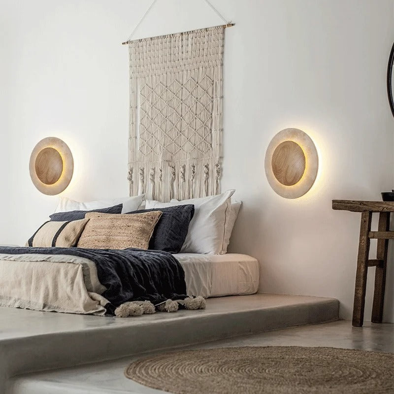Round Travertine Wood Wall Light | Souliia