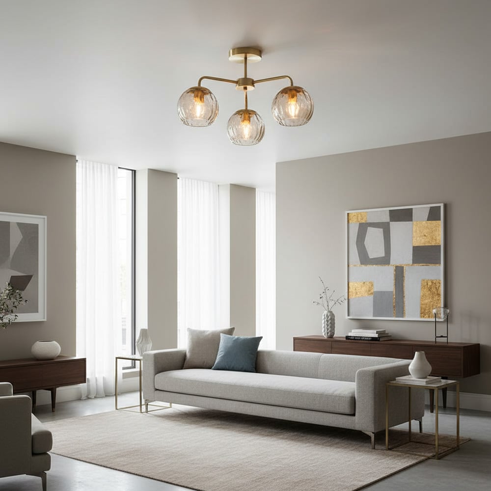 Rivolence 3 Light Brass Flush Ceiling Light – Textured Glass Shades for Living Room & Dining Space | Souliia