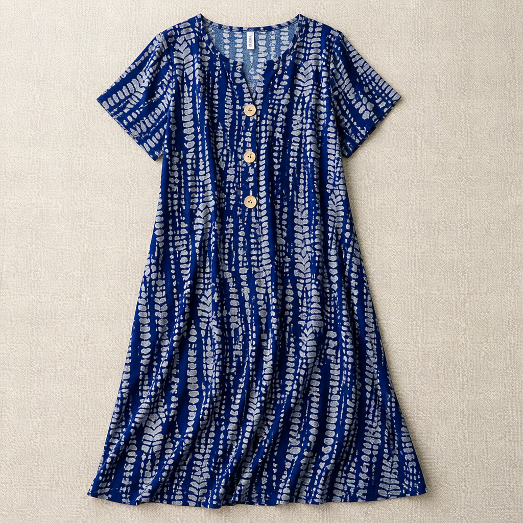 VelaMuse – Relaxed Button-Front Abstract Print Swing Dress with Pockets - Souliia