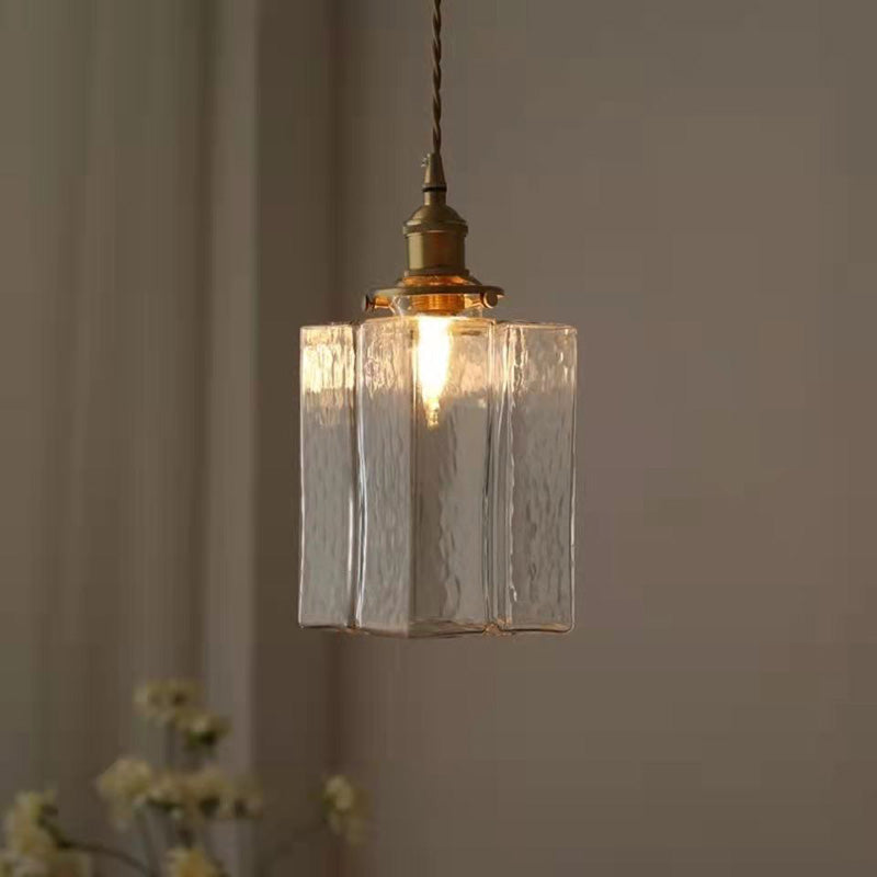 Traditionelle Vintage Quadrat Rechteck Wellen-Glas Eisen 1-Flammige Pendelleuchte für Wohnzimmer | Souliia