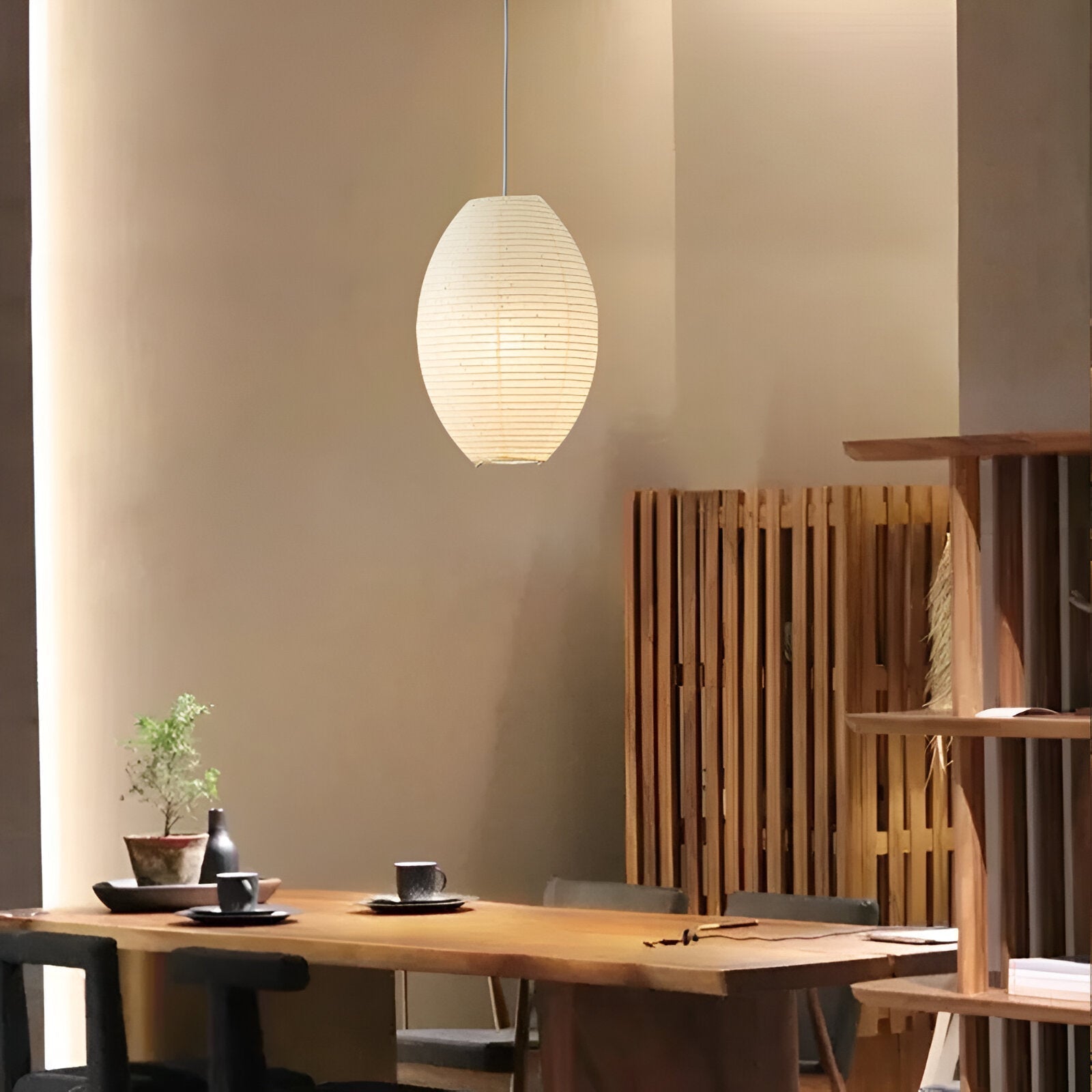 Traditionelle Japandi Wabi-Sabi Elliptische Papier-Pendelleuchte | Souliia