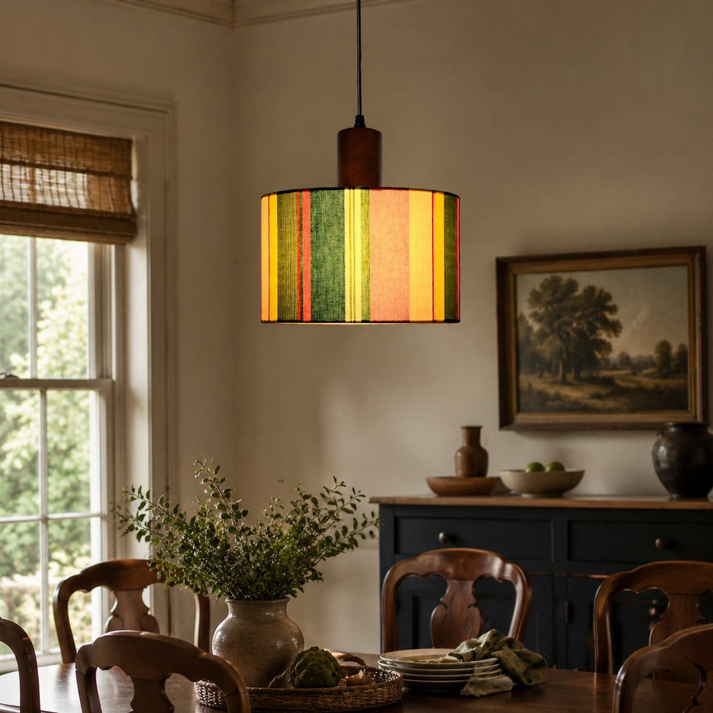 Printed Fabric Drum Pendant Light with Walnut Wood Holder | Souliia