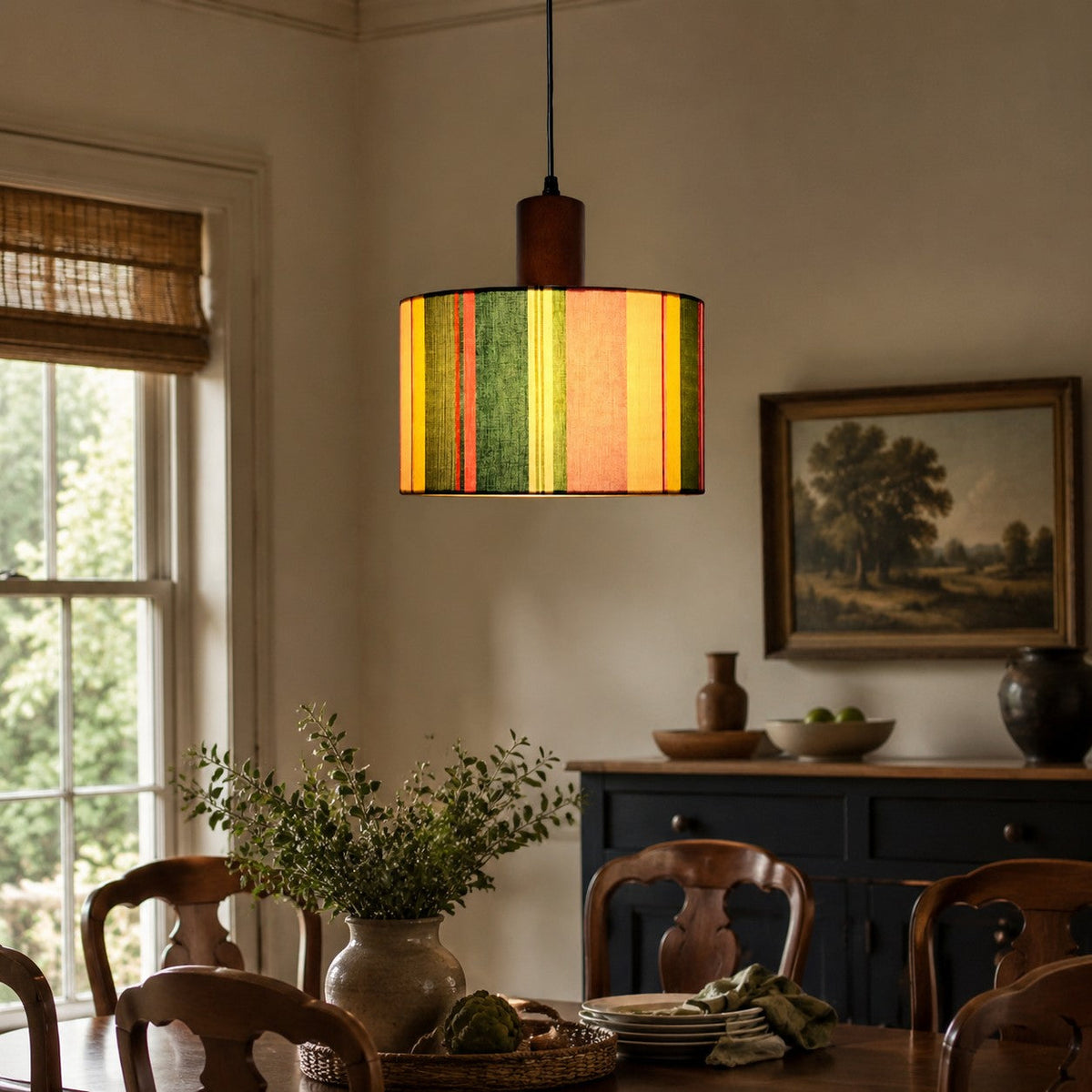 Printed Fabric Drum Pendant Light with Walnut Wood Holder | Souliia