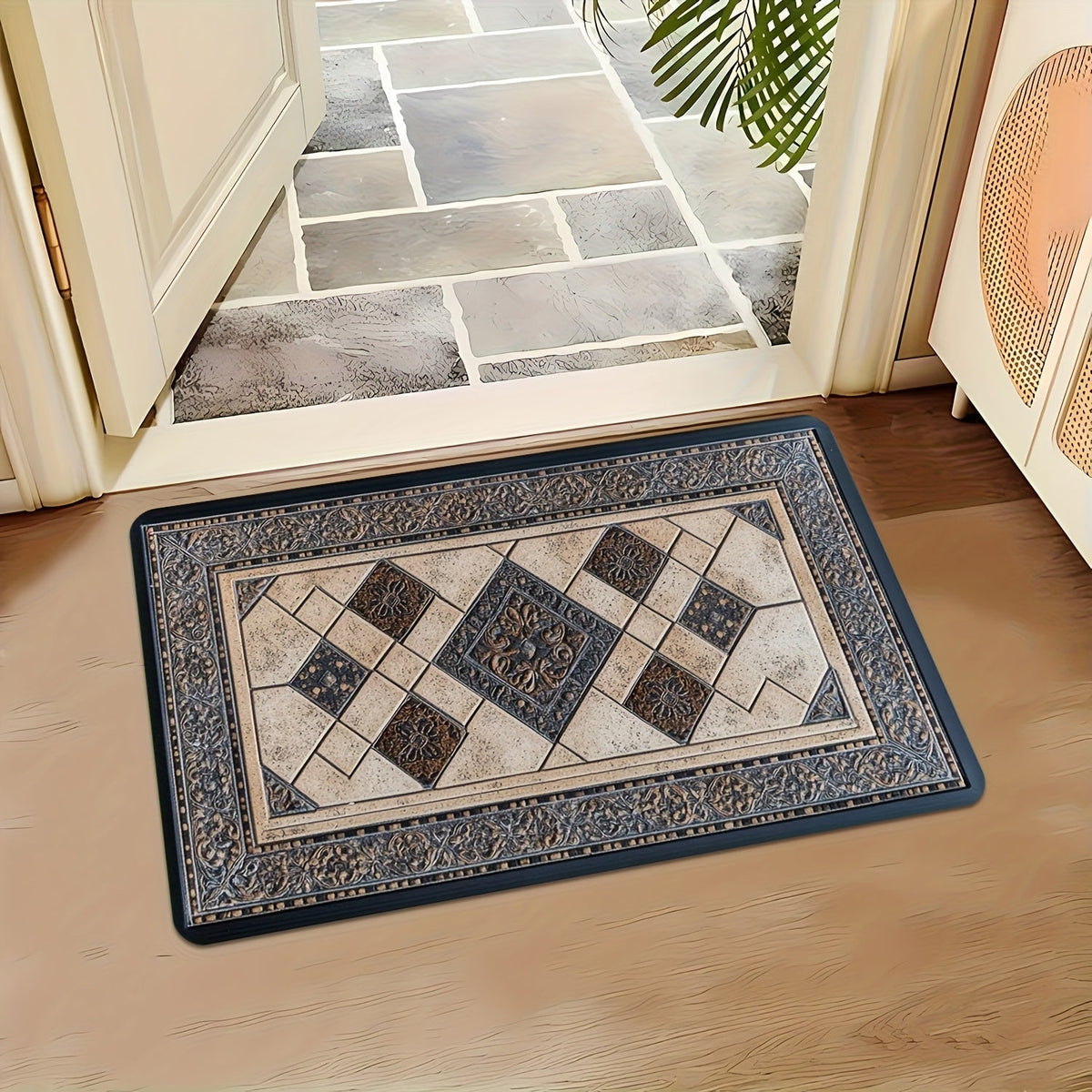 Stylehaven Machine Washable Floor Mat — Structured Geometric Border Trim