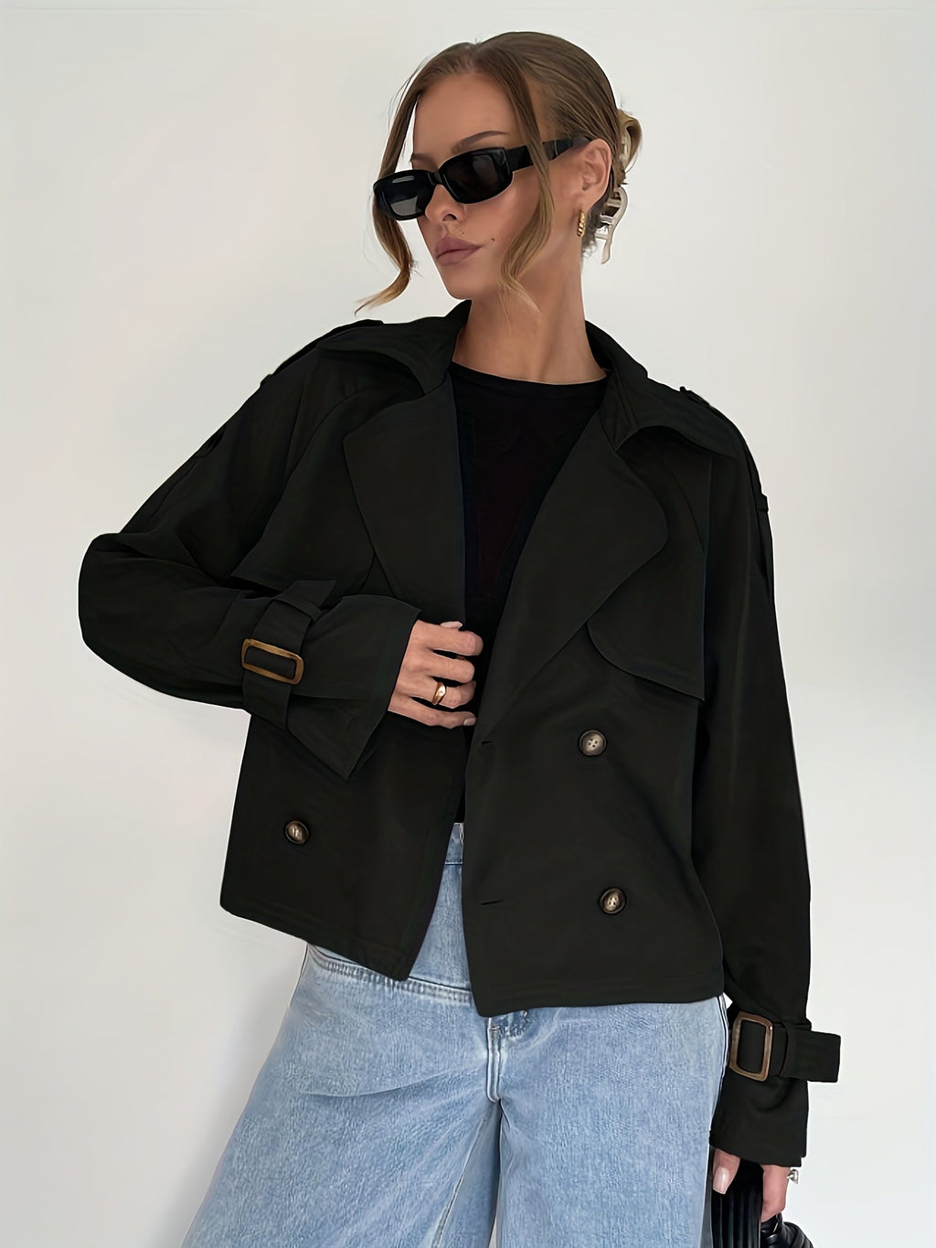Women's Short Solid Color Trench Coat — Adjustable Button Drawstring, Clean Silhouette