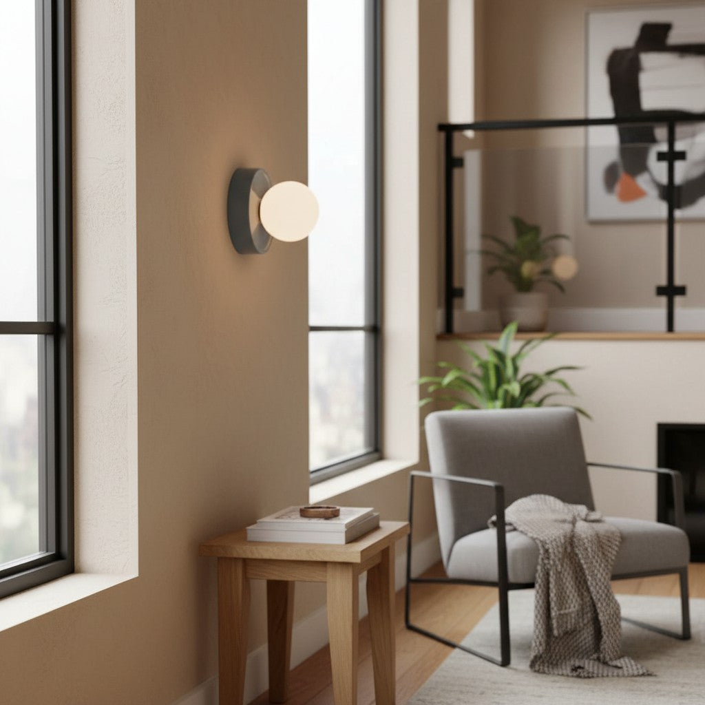Solna Minimalist Round Glass Wall Sconce with Ceramic Base for Bedroom and Hallway | Souliia